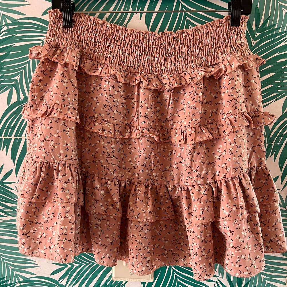 Nasty Gal Pink Floral Frilly High Waisted Skirt